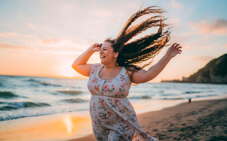 Beautiful young woman with flying hair on the beach at sunset.の素材