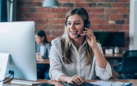selective focus of smiling call center agent in headset working with colleague in officeの素材
