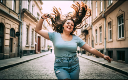 Young happy woman running on the street in Prague, Czech Republic.の素材