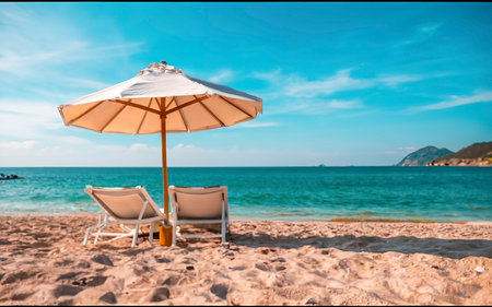 Beach chair with umbrella on the beach. Vacation concept.の素材
