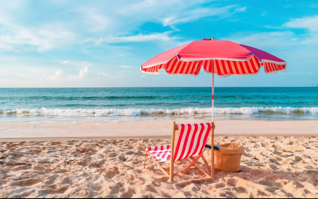 Beach chair with umbrella on the beach. Vacation concept.の素材