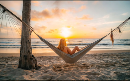 Back view of a young woman in a hammock on a tropical sandy beach during the sunsetの素材