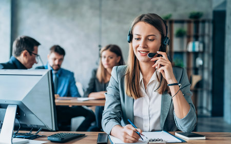 selective focus of businesswoman in headset working with customer service agent in officeの素材