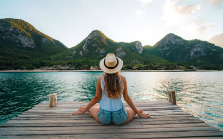 Amazing caucasian girl sitting at a pier on a resort next to inscription RELAXの素材