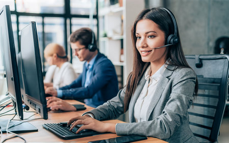 selective focus of smiling operator in headset using computer in call centerの素材