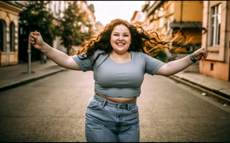 Beautiful plus size woman with long curly hair having fun in the cityの素材