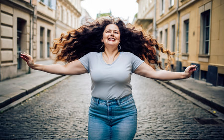 young beautiful long curly hair hipster woman in the old town of Pragueの素材