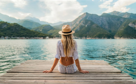 Amazing caucasian girl sitting at a pier on a resort next to inscription RELAXの素材