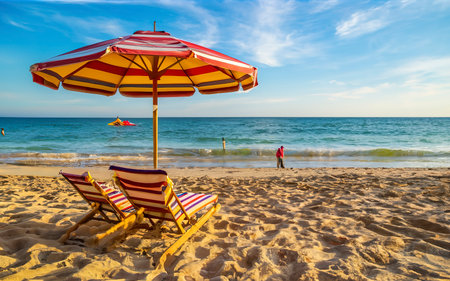 Beach chair with umbrella on the beach. Vacation concept.の素材