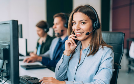 selective focus of smiling customer support operator in headset working in call centerの素材