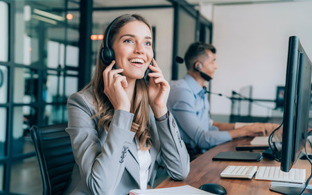 selective focus of cheerful call center operator in headset working in officeの素材
