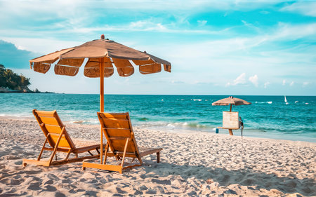 Beach chair with umbrella on the beach. Vacation concept.の素材