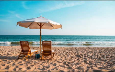 Beach chair with umbrella on the beach. Vacation concept.の素材