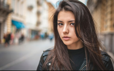 Close-up portrait of a beautiful brunette girl on the streetの素材