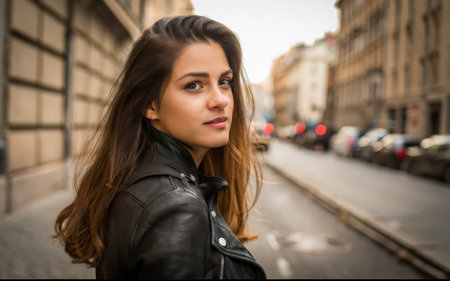 Close-up portrait of a beautiful brunette girl on the streetの素材