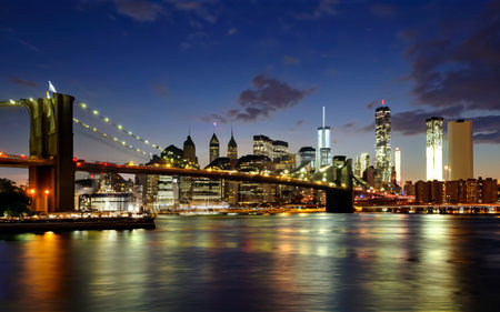 Panorama of downtown Manhattan and the Brooklyn bridge at night from Brooklyn in NYCの素材