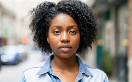 Close up portrait of a beautiful african american woman with blue eyesの素材
