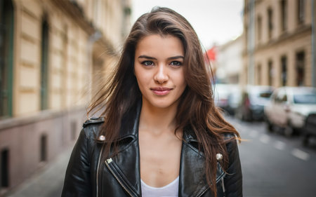 Close-up portrait of a beautiful brunette girl on the streetの素材