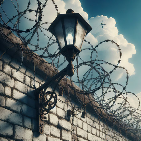 Old barbed wires and white brick wall against blue skyの素材