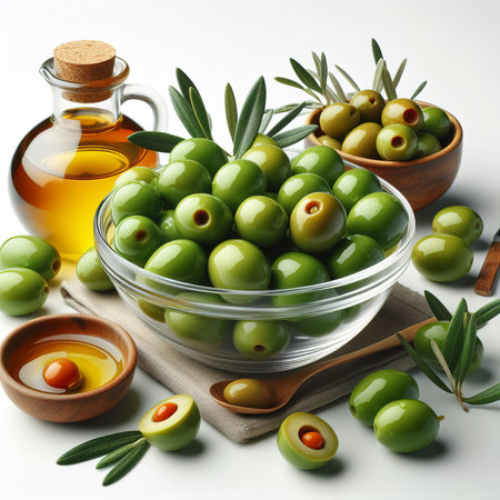 Green olives in a transparent bowl isolated on white backgroundの素材