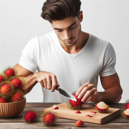 A man is peeling fresh rambutan using kitchen knife, isolated over whiteの素材
