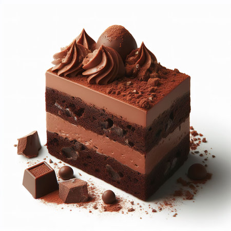 Piece of chocolate truffle cake isolated on white backgroundの素材