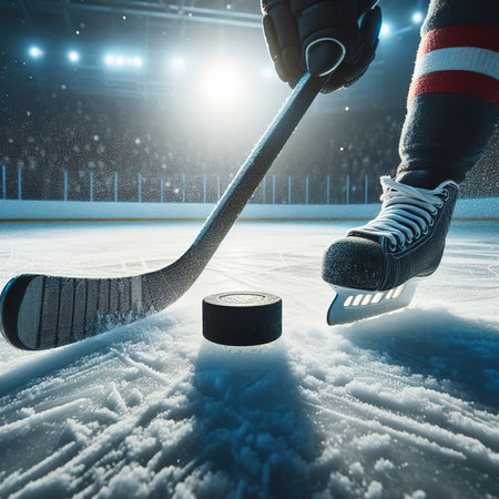 Close up of ice hockey stick on ice rink in position to hit hockey puckの素材
