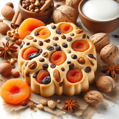 cooked sweet biscuit with dried apricots and nuts inside isolated on white backgroundの素材