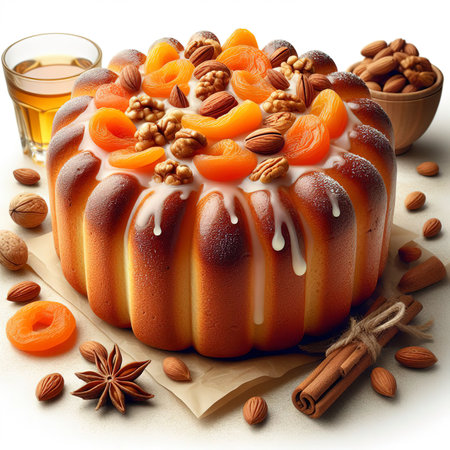 cooked sweet biscuit with dried apricots and nuts inside isolated on white backgroundの素材