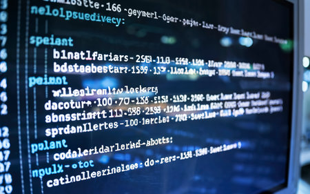 SQL code on computer monitor and server room backgroundの素材