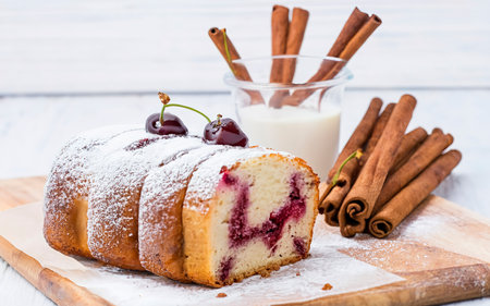 Sour cherry cake. Slices of sour cherry cake with sugar and cinnamon sticks.の素材