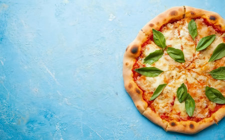 whole pizza fresh hot on a blue background. Top view, flat layの素材