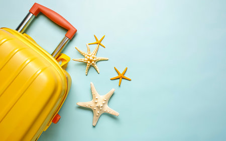 Yellow suitcase starfishes on a white background. Top view, flat lay.の素材