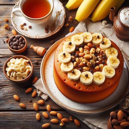 Banana sponge cake with nuts and chocolate drops. Delicious sweet dessert for tea, wooden background top view, copy spaceの素材