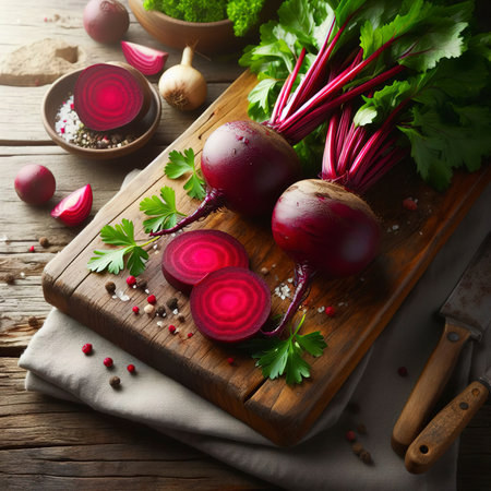 Boiled beets whole and cut on a cutting Board with parsley leaves on a wooden background. Copy spaceの素材