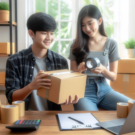 Asian entrepreneur teenagers are using the tape to seal the box by packing the product to send to customersの素材