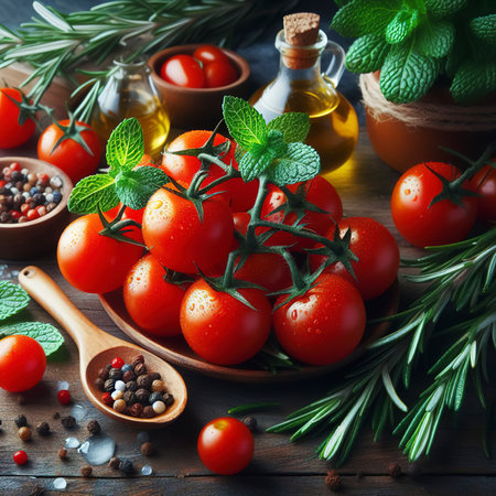 Fresh cherry tomatoes on a branch and rosemary herbs mintの素材