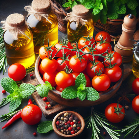 Fresh cherry tomatoes on a branch and rosemary herbs mintの素材