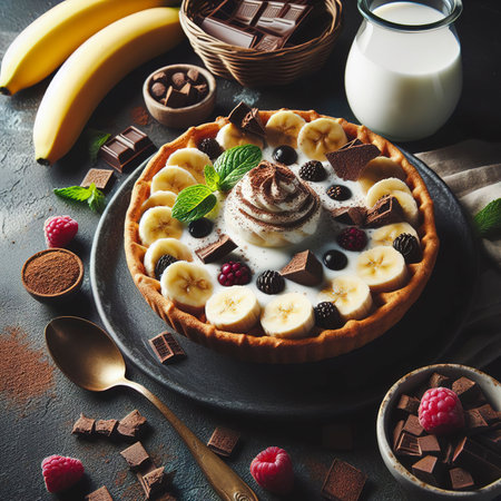 Healthy breakfast, dessert with milk yogurt banana and chocolate on a plate. Dark concrete backgroundの素材