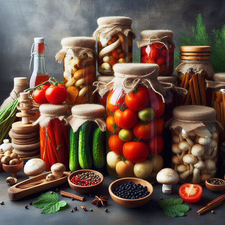Preservation of vegetables in banks. Fermentation products. Harvesting tomatoes and berries, mushrooms for the winter. Copy spaceの素材