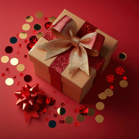 Gift box with gold bow and red sequins on a red background. The concept of celebrating different holidays. Copy spaceの素材