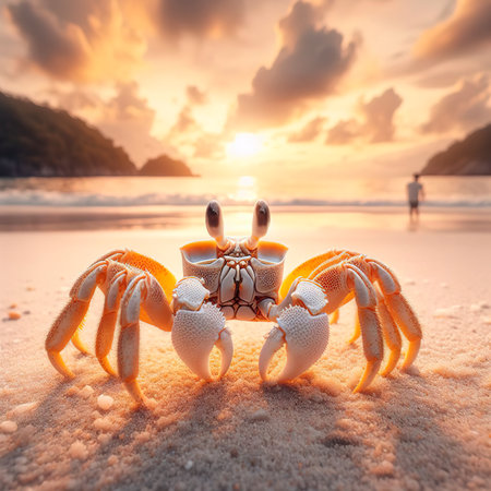 Beautiful nature of wildlife, Close-up of Wind Crab, Ghost Crab or Ocypode on the sand in summer at the beach near the sea in Koh Lipeの素材
