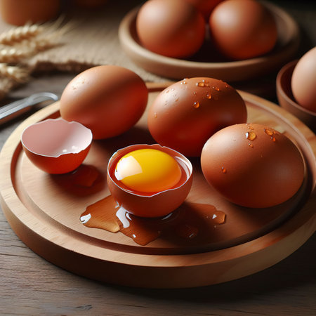 Brown eggs on a wooden chopping board There is a yolk in the egg shell. The brown egg has a drop of water because it is removing from the refrigeratorの素材