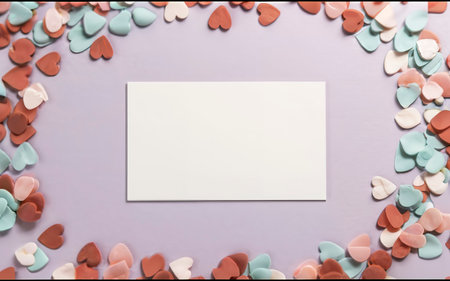 Aesthetic blank paper card mockup with pastel heart-shaped confetti. Luxury greeting card design conceptの素材