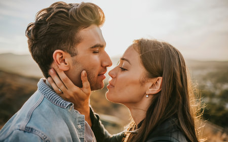 A shot of a man and a woman in love kissingの素材