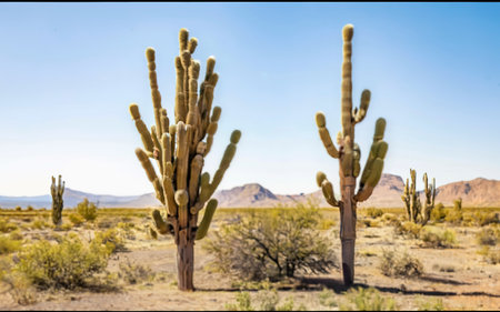 Close-up of different cacti against a desert background. Sweltering heat. Desert landscapeの素材