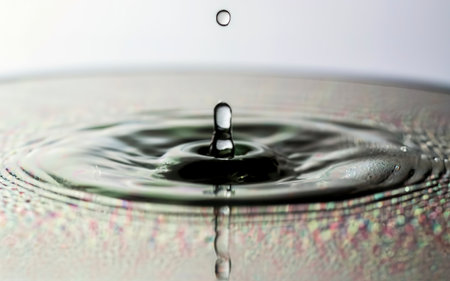 Closeup of water drops sliding on light wet surface. White backgroundの素材