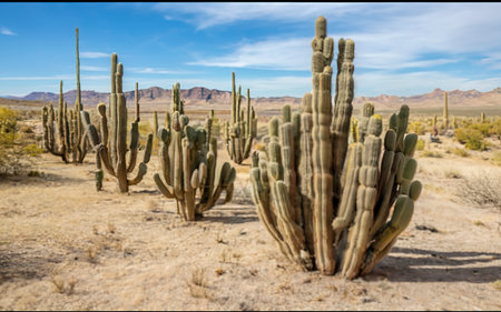Close-up of different cacti against a desert background. Sweltering heat. Desert landscapeの素材
