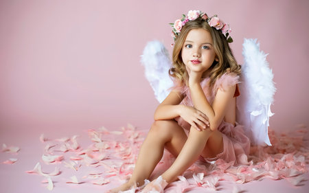 Cute little cupid girl with pink wings. Light pink background with feathers and down. Love romantic conceptの素材