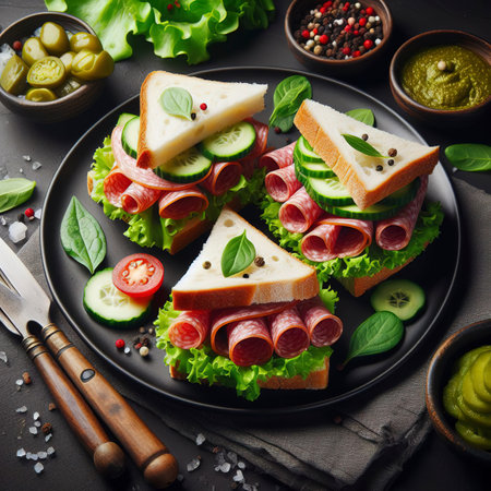 Sandwiches with lettuce leaves and sliced salami sausage on black plate Copy spaceの素材